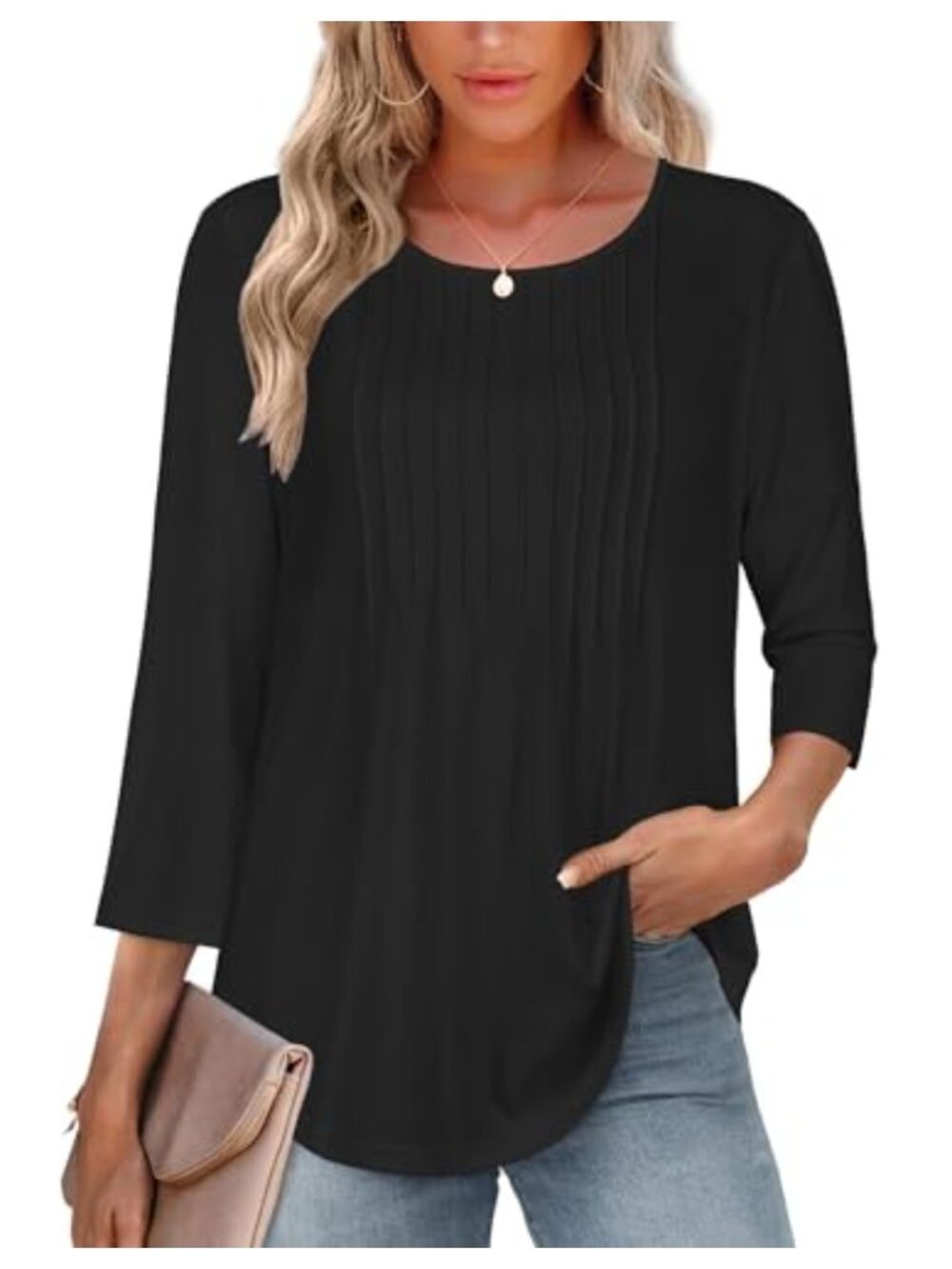 ADOREJOY Women's 3/4 Sleeve Pleated Tunic Top Casual Crew Neck Shirt